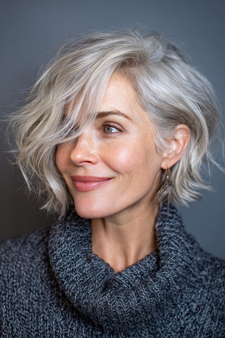 Ash Blonde Chin Bob With Side-Swept Bangs Ash Blonde Chin Bob With Side-Swept Bangs — Classy Wavy Hairstyles