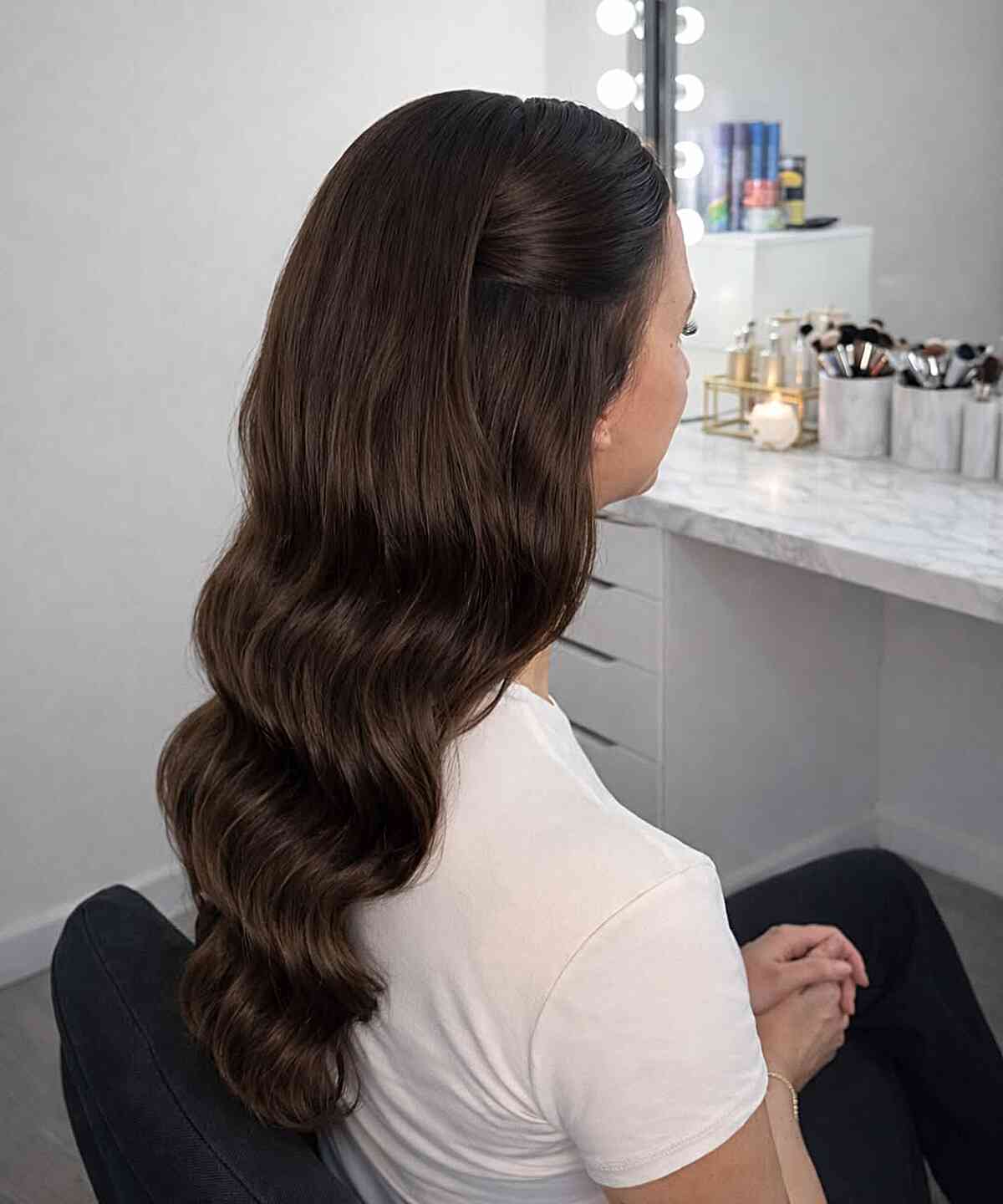 Long Layered Dark Brown Hollywood Waves Long Layered Dark Brown Hollywood Waves — Classy Wavy Hairstyles