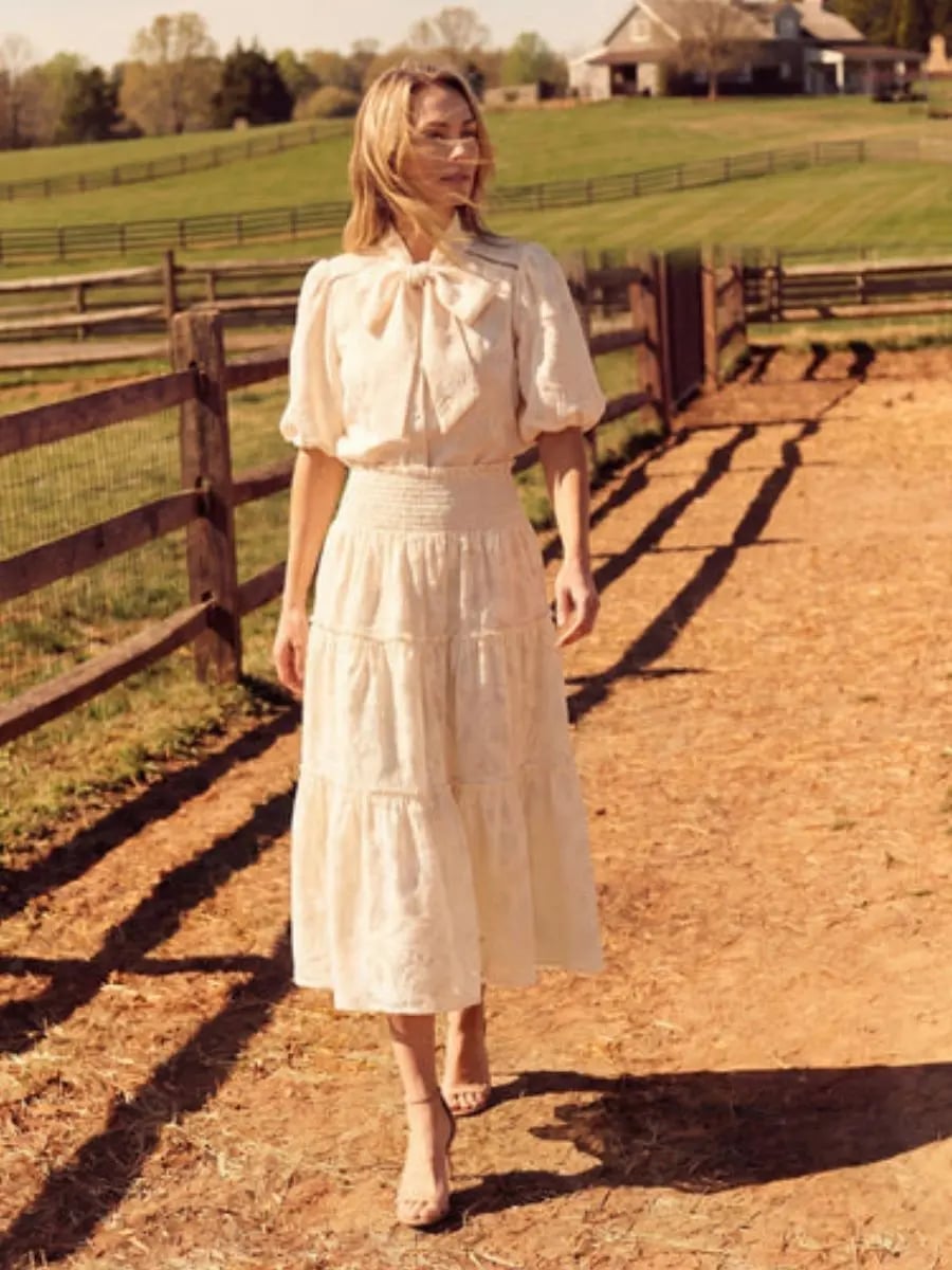Off White Textured Blouse With Tiered Skirt — Classy White Blouse Outfit