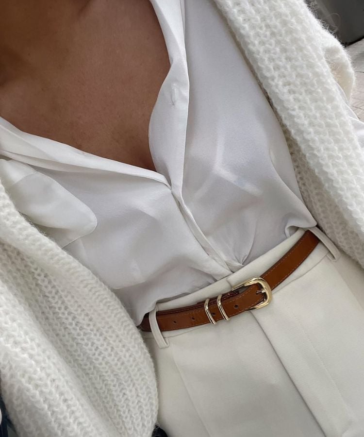 White Silk Blouse Under White Cardigan, Close-Up Take — Classy White Blouse Outfit