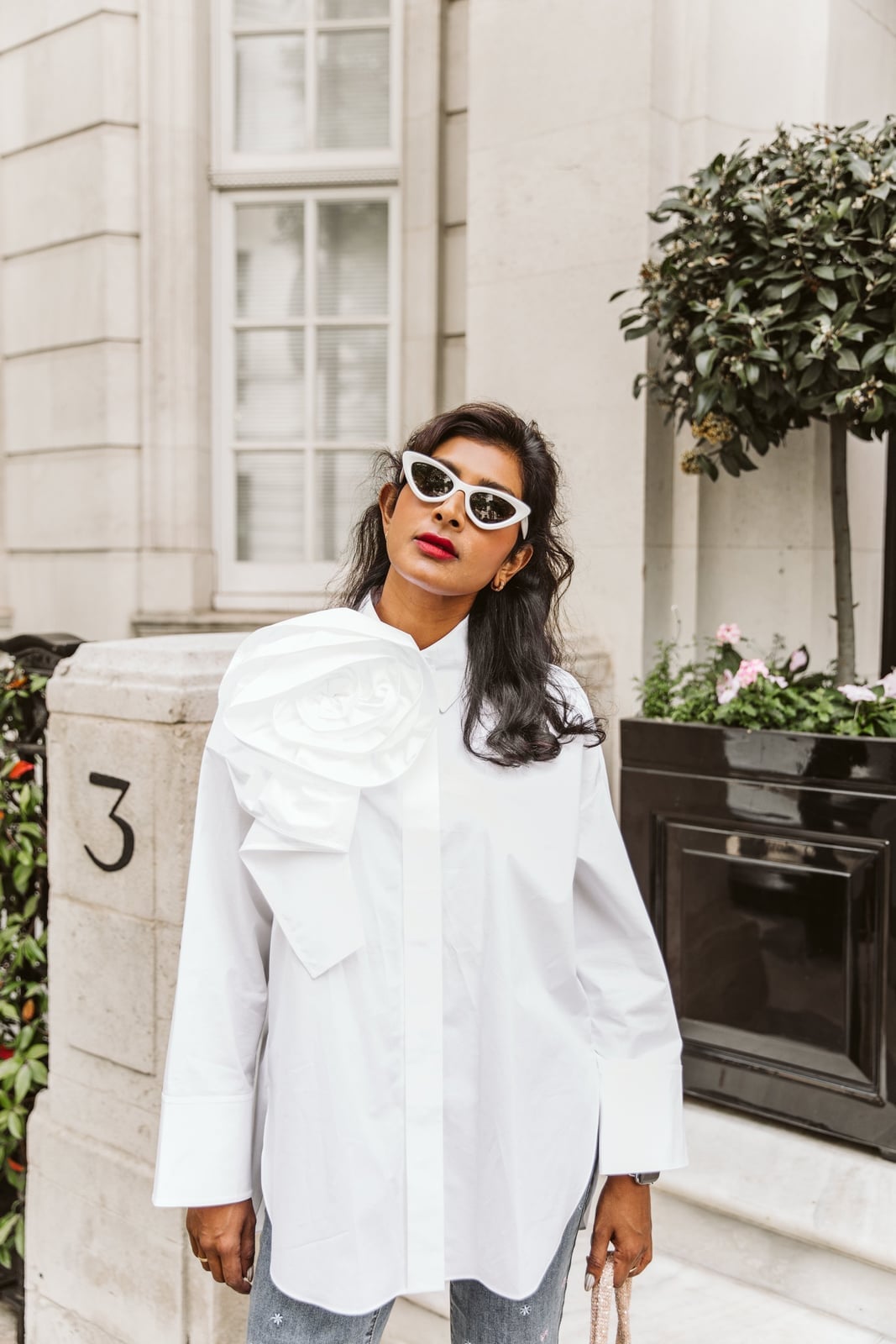 Oversized White Shirt With Fabric Flower Detail, Office-Safe Version — Classy White Blouse Outfit