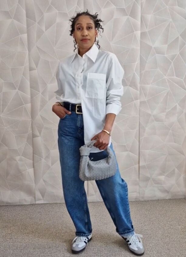 White Oversized Shirt With Relaxed Fit Jeans, Close-Up Take — Classy White Blouse Outfit