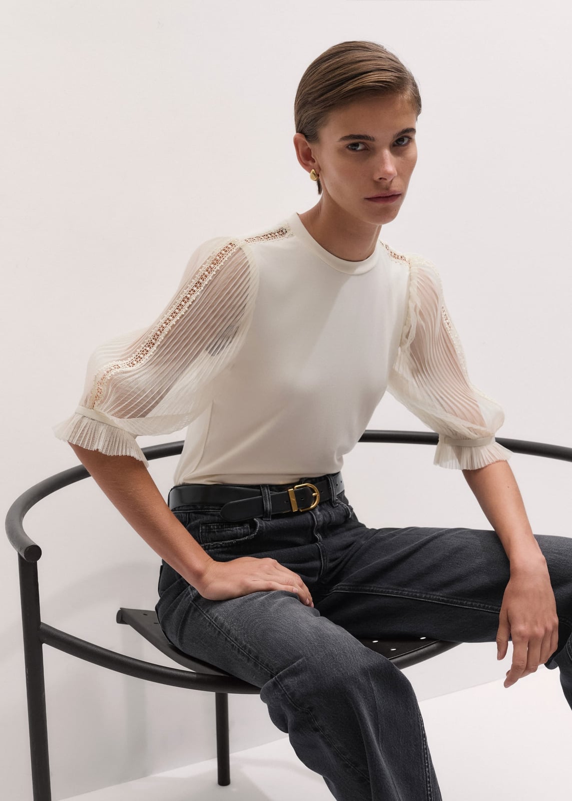 White Blouse With Sheer Pleated Puff Sleeves — Classy White Blouse Outfit