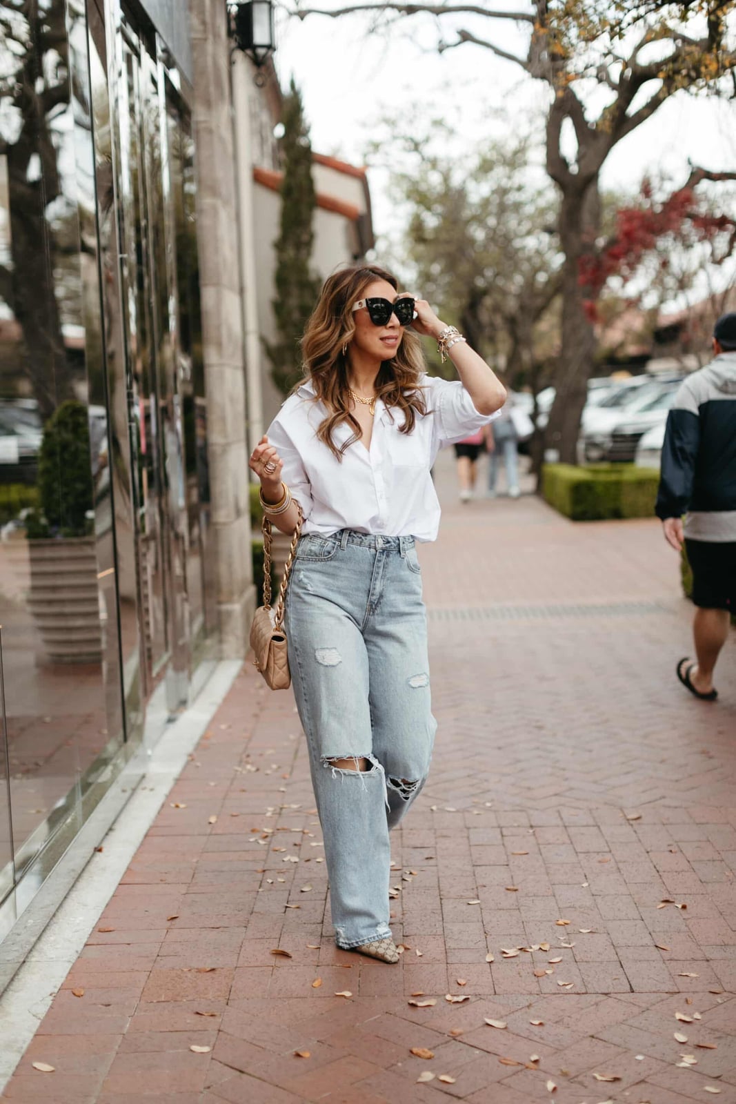 White Short Sleeve Shirt With Distressed Jeans — Classy White Blouse Outfit