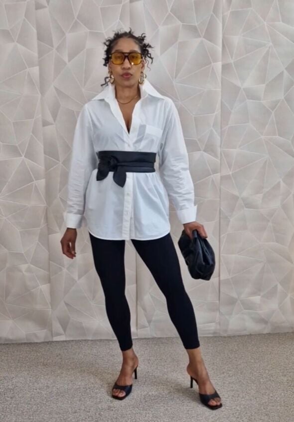 White Oversized Shirt With Black Leggings — Classy White Blouse Outfit