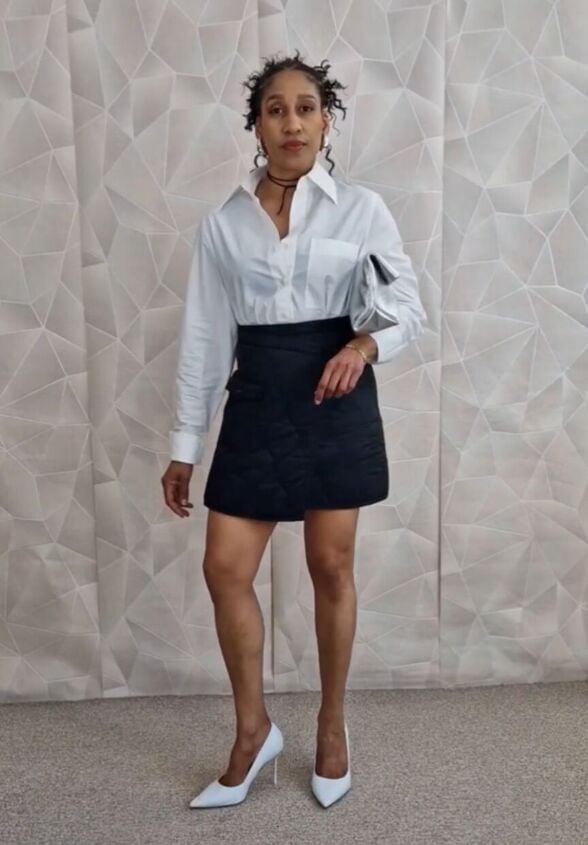 White Button Down Shirt With Black Quilted Skirt — Classy White Blouse Outfit