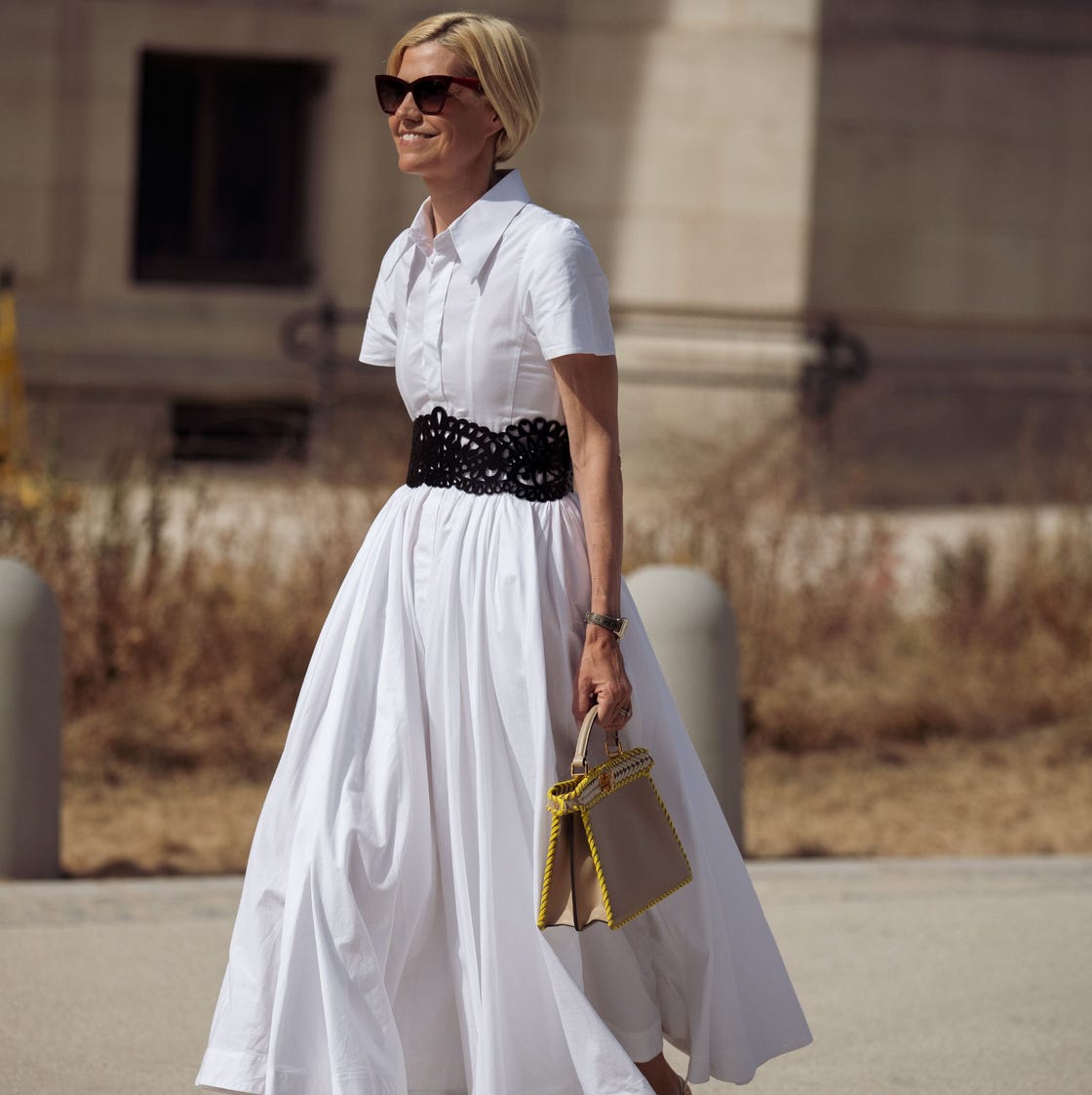 White Shirt Dress With Black Lace Belt — Classy White Blouse Outfit