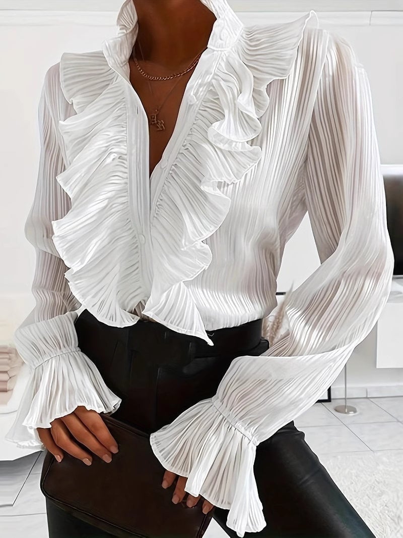 White Ruffled V Neck Blouse — Classy White Blouse Outfit