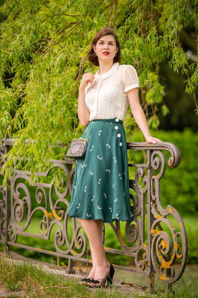 White Sheer Blouse With Green A Line Skirt — Classy White Blouse Outfit