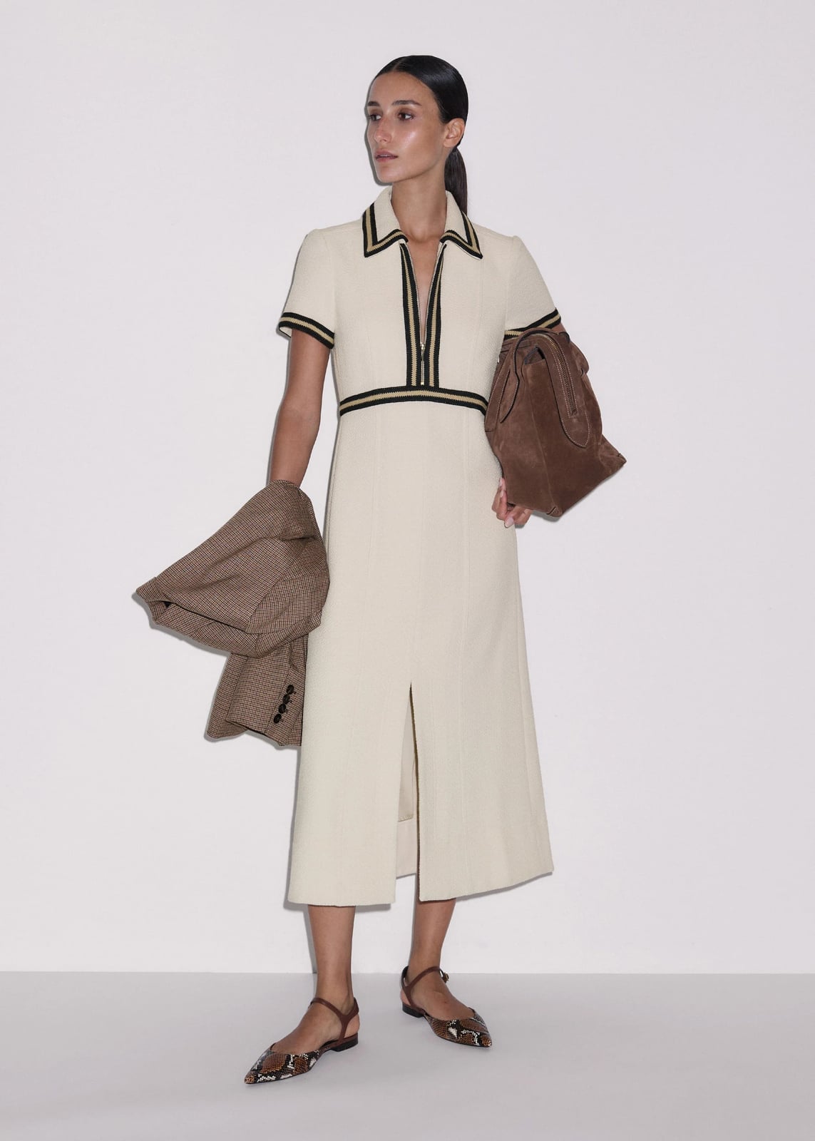 Cream Polo Collar Midi Dress With Trim Cream Polo Collar Midi Dress With Trim — Classy White Dresses Outfit