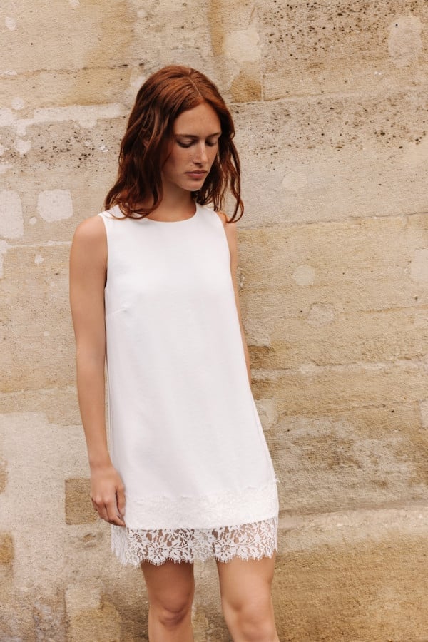 White Textured Mini Dress With Lace Trim White Textured Mini Dress With Lace Trim — Classy White Dresses Outfit