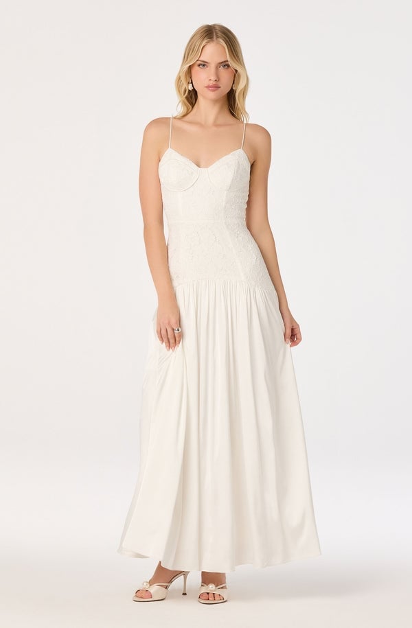 White Spaghetti Strap Maxi Dress With Lace Panels, Close-Up Take White Spaghetti Strap Maxi Dress With Lace Panels, Close-Up Take — Classy White Dresses Outfit