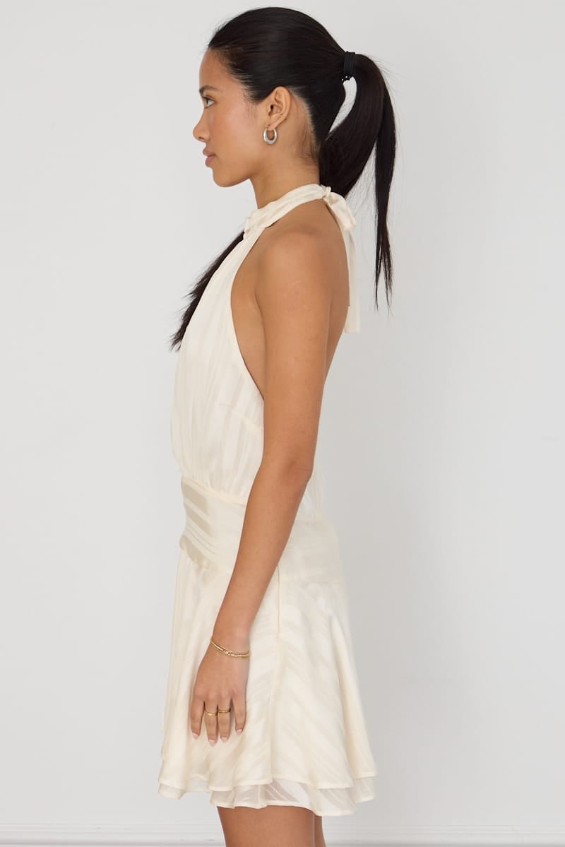 Ivory Halter Neck Midi Dress With Stripes Ivory Halter Neck Midi Dress With Stripes — Classy White Dresses Outfit