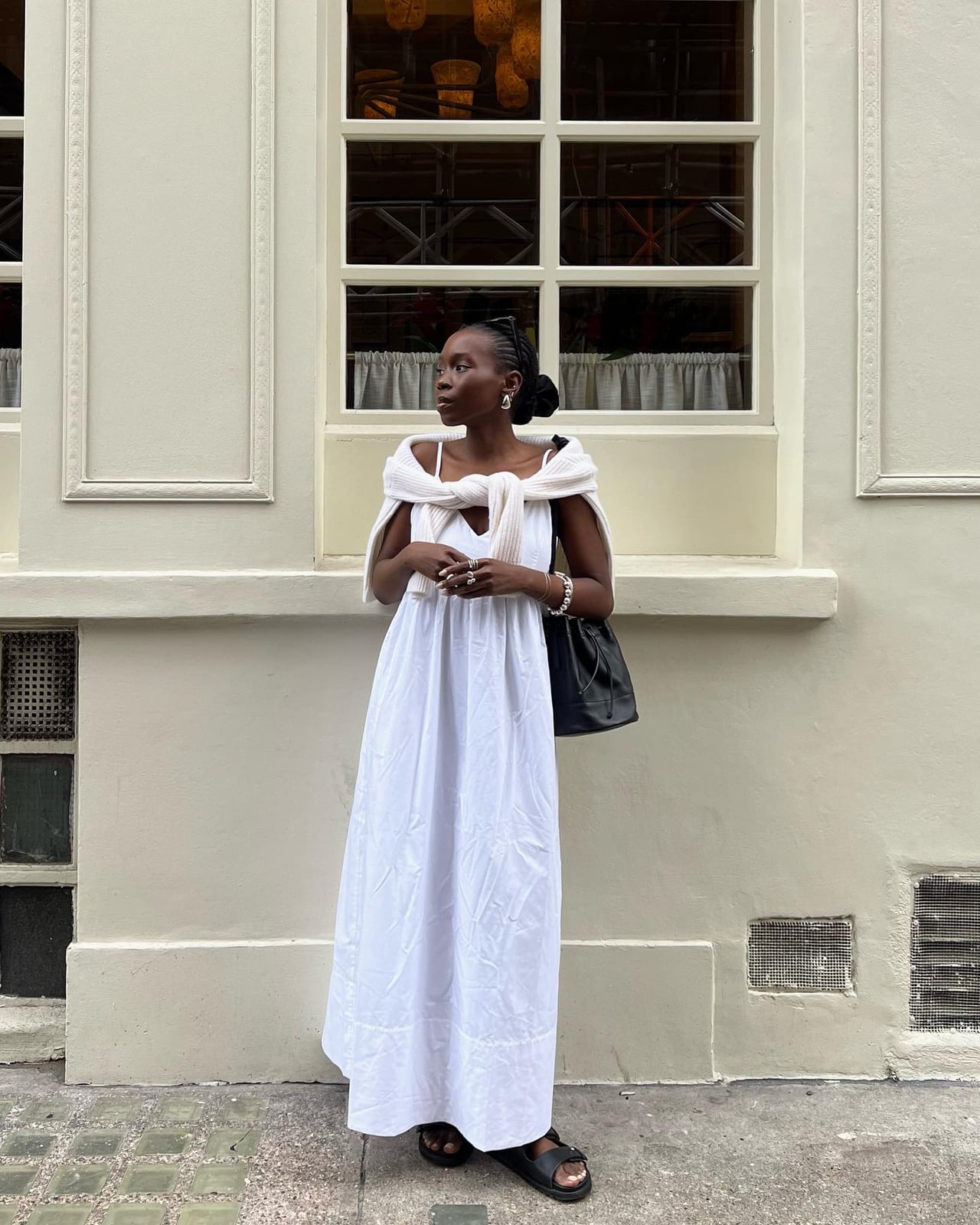White Cotton Maxi Dress With Draped Sweater White Cotton Maxi Dress With Draped Sweater — Classy White Dresses Outfit