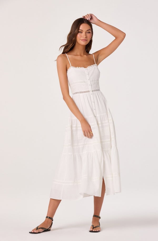 White Tiered Maxi Dress With Crochet Bodice White Tiered Maxi Dress With Crochet Bodice — Classy White Dresses Outfit