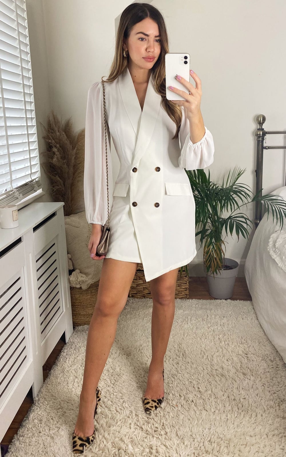 White Blazer Dress With Sheer Chiffon Sleeves White Blazer Dress With Sheer Chiffon Sleeves — Classy White Dresses Outfit