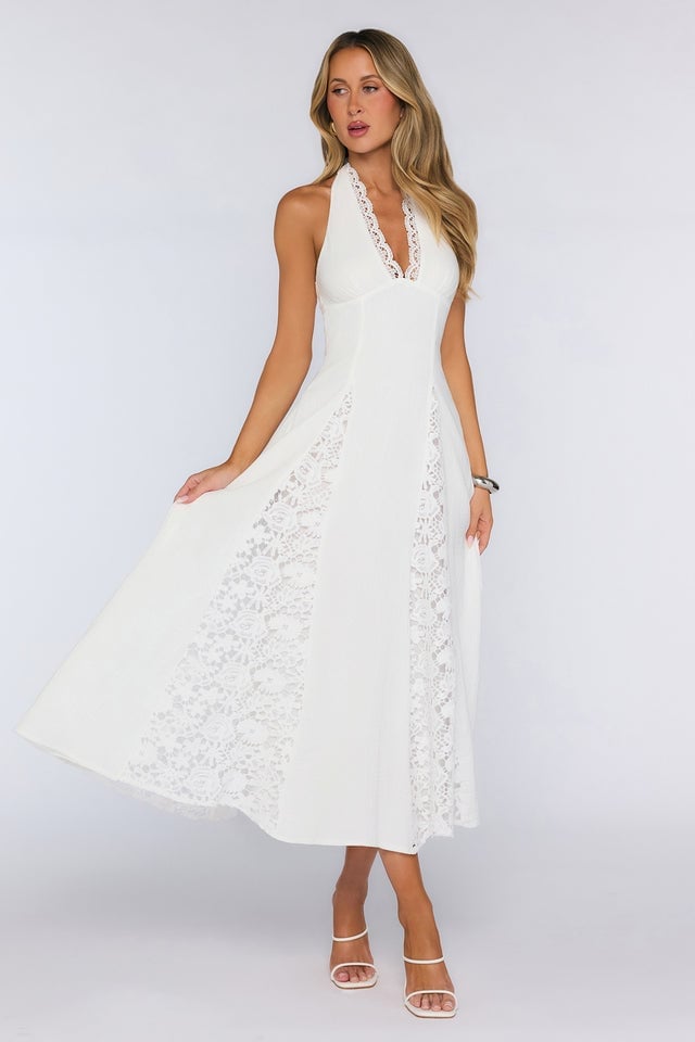 White Halter Neck Midi Dress With Lace Inserts White Halter Neck Midi Dress With Lace Inserts — Classy White Dresses Outfit