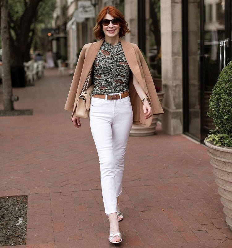 White Straight Leg Jeans With Draped Camel Blazer White Straight Leg Jeans With Draped Camel Blazer — Classy White Jeans Outfits