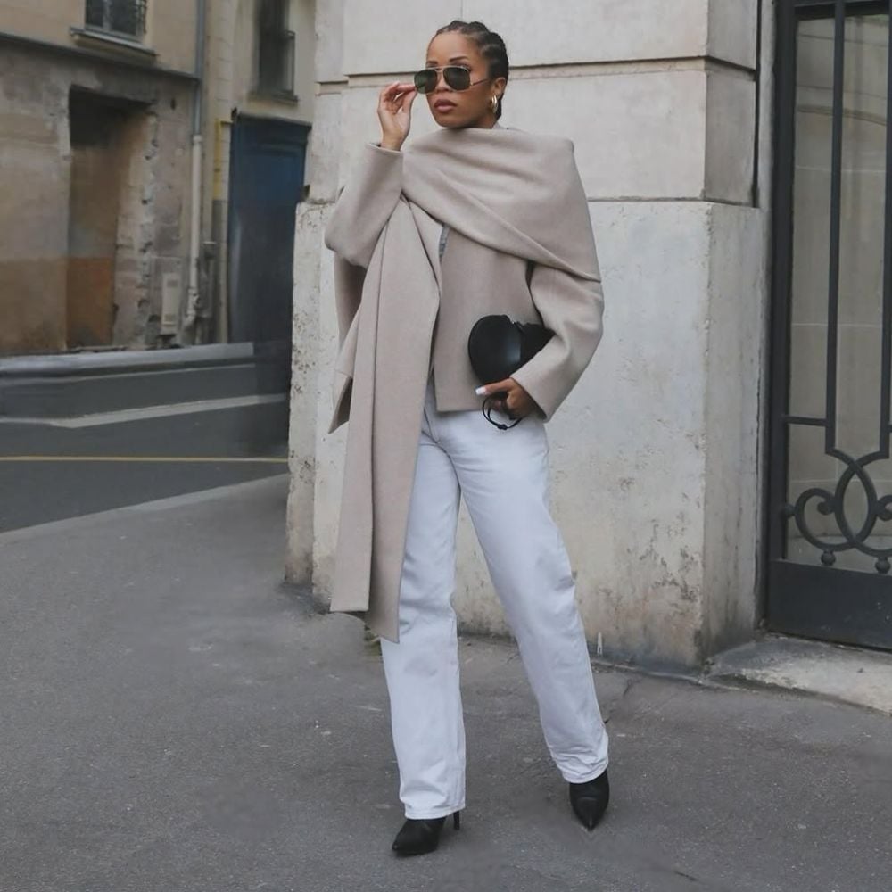 White Wide Leg Jeans With Draped Beige Scarf White Wide Leg Jeans With Draped Beige Scarf — Classy White Jeans Outfits