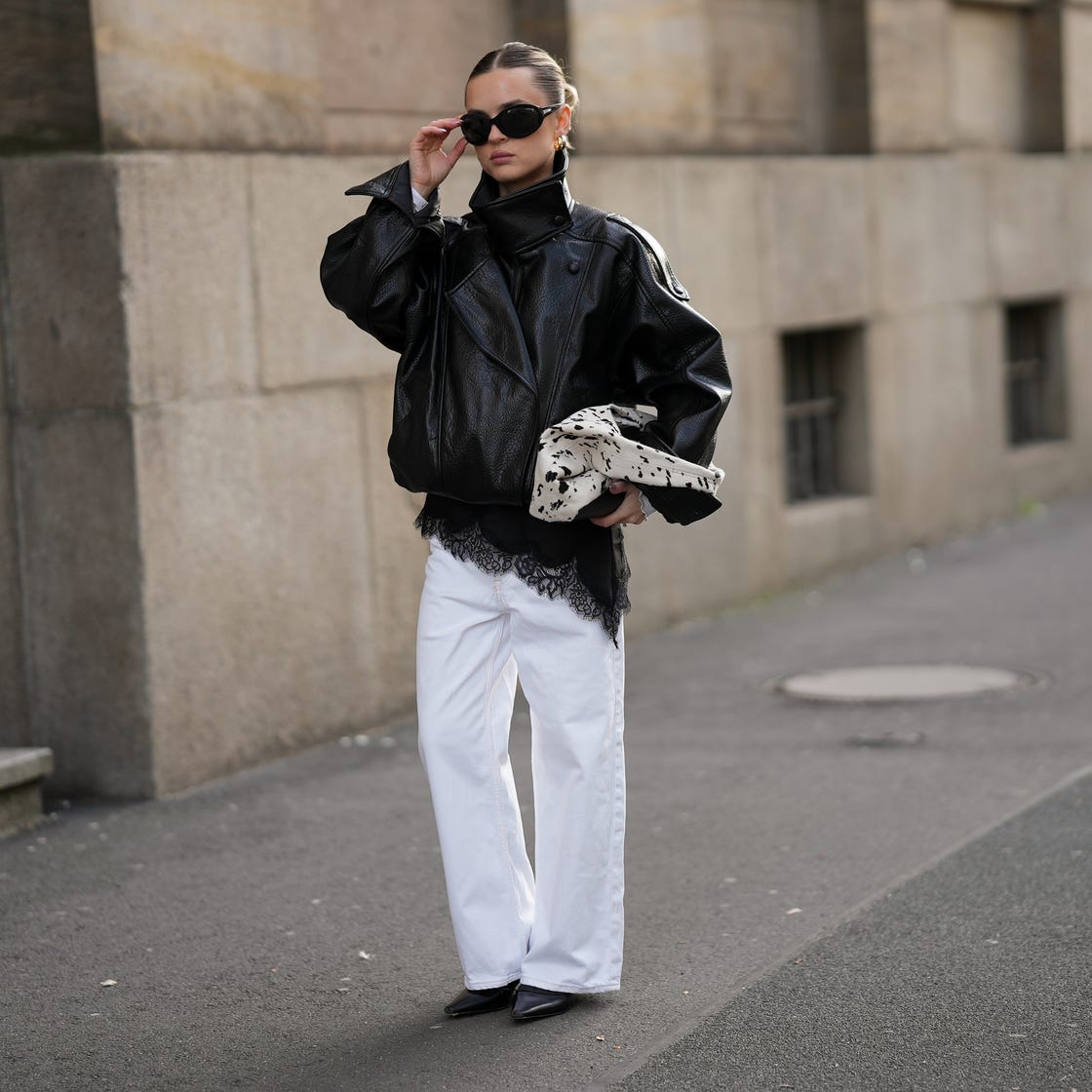 White Wide Leg Jeans With Black Leather Jacket White Wide Leg Jeans With Black Leather Jacket — Classy White Jeans Outfits