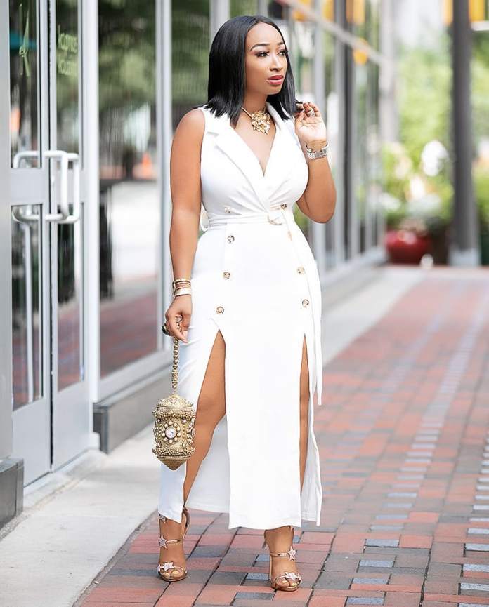 A White Double-Breasted Dress With High Slits A White Double-Breasted Dress With High Slits — Classy White Outfits