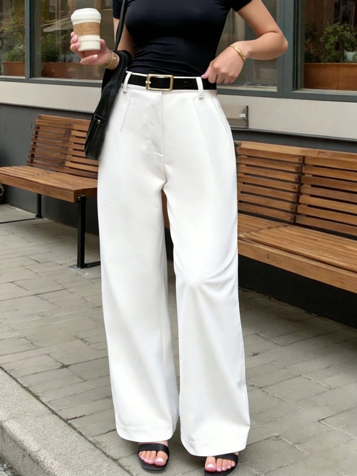 High-waisted White Wide-Leg Trousers with a Black T-Shirt — Classy White Pants Outfits