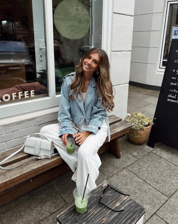 White Wide-Leg Trousers with a Light Blue Denim Jacket, Close-Up Take — Classy White Pants Outfits