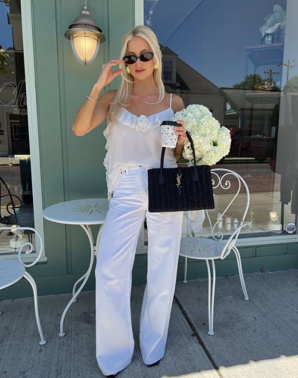 White Wide-Leg Trousers with a Ruffled Camisole — Classy White Pants Outfits