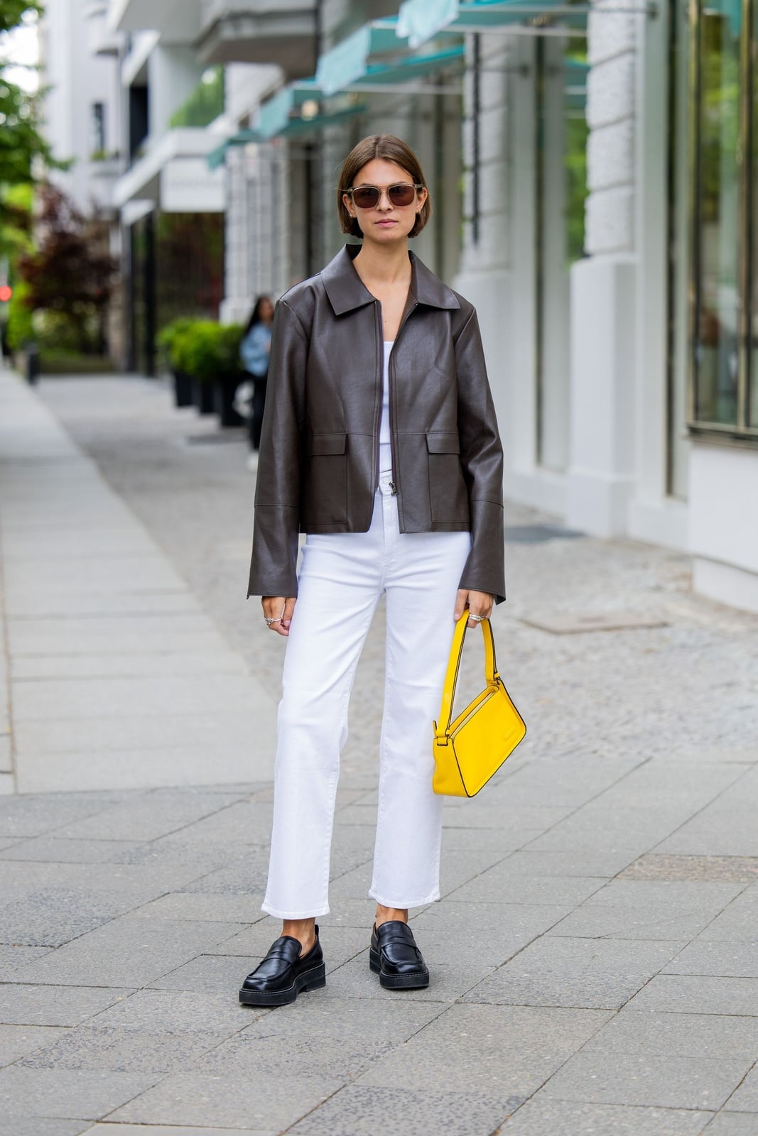 White Cropped Straight-Leg Jeans with Leather Jacket — Classy White Pants Outfits