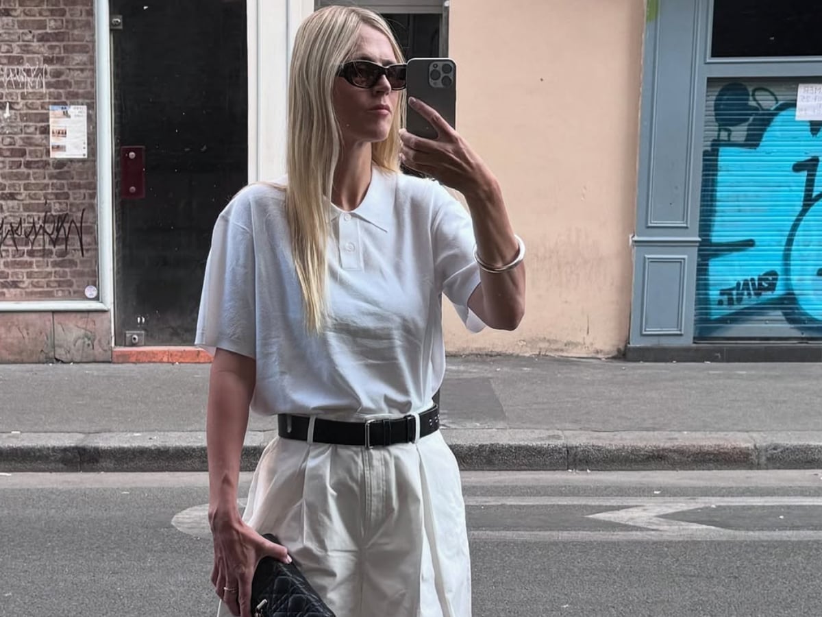 White Wide-Leg Trousers with a Polo Shirt and Studded Belt — Classy White Pants Outfits