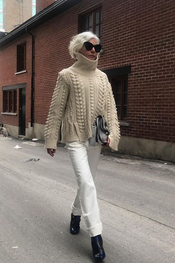 White Straight-Leg Trousers and a Cream Knit Sweater — Classy White Pants Outfits