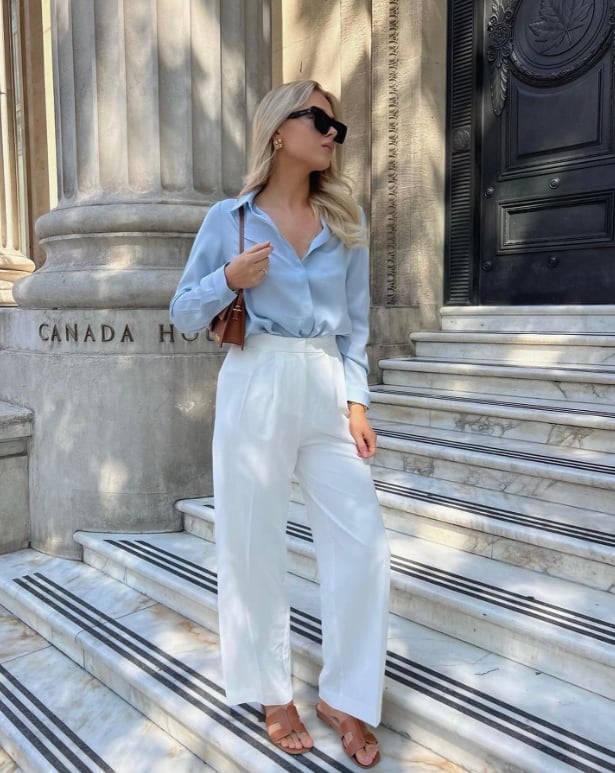 White Wide-Leg Trousers with a Light Blue Silk Shirt — Classy White Pants Outfits