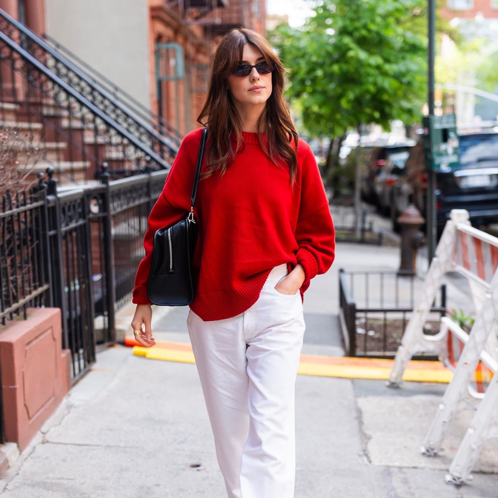 White Straight-Leg Jeans with a Red Sweater — Classy White Pants Outfits