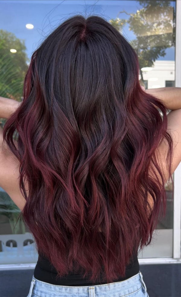Dark Brown With Deep Red Balayage, Mid-Back — Classy Wine Red Hair