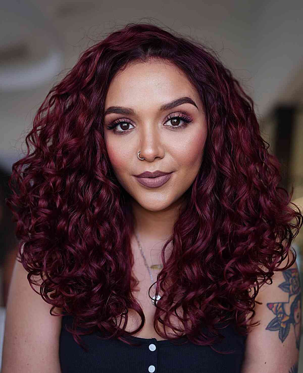 Burgundy Wine Red Curly Shoulder Cut — Classy Wine Red Hair
