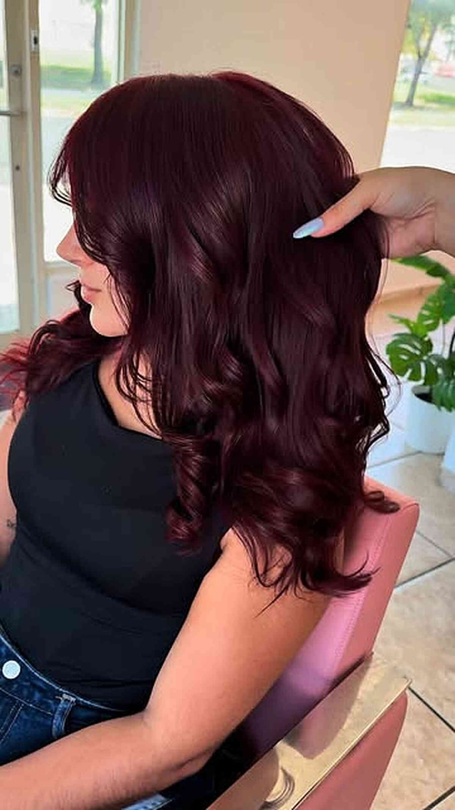 Deep Wine Red Collarbone With Side Part — Classy Wine Red Hair