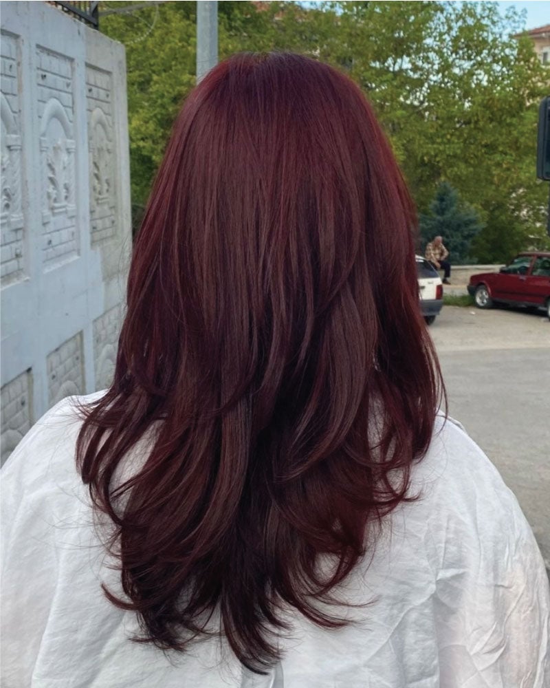 Rich Burgundy Long Straight Blowout, Appearing Thick And Glossy — Classy Wine Red Hair