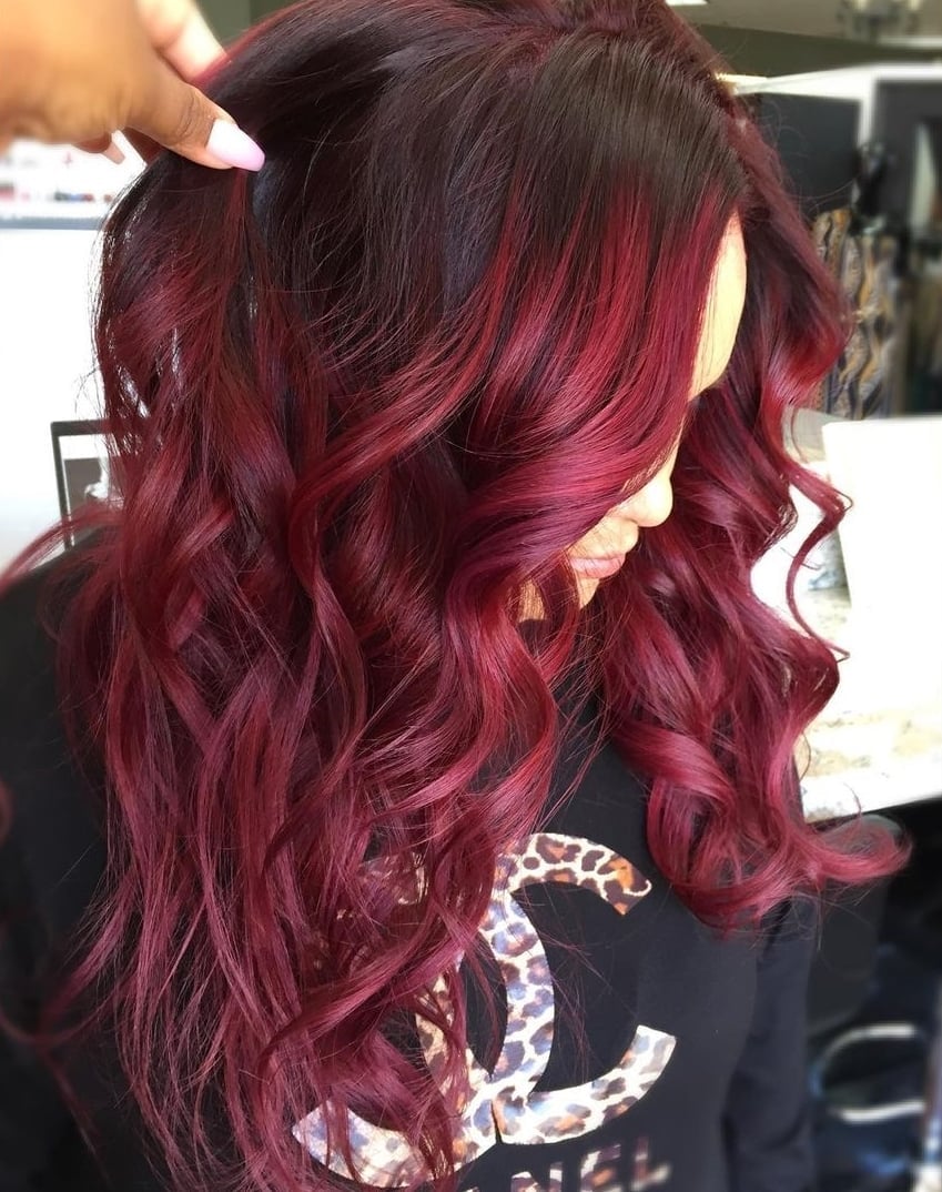 Rich Deep Dark Red With Curtain Bangs — Classy Wine Red Hair