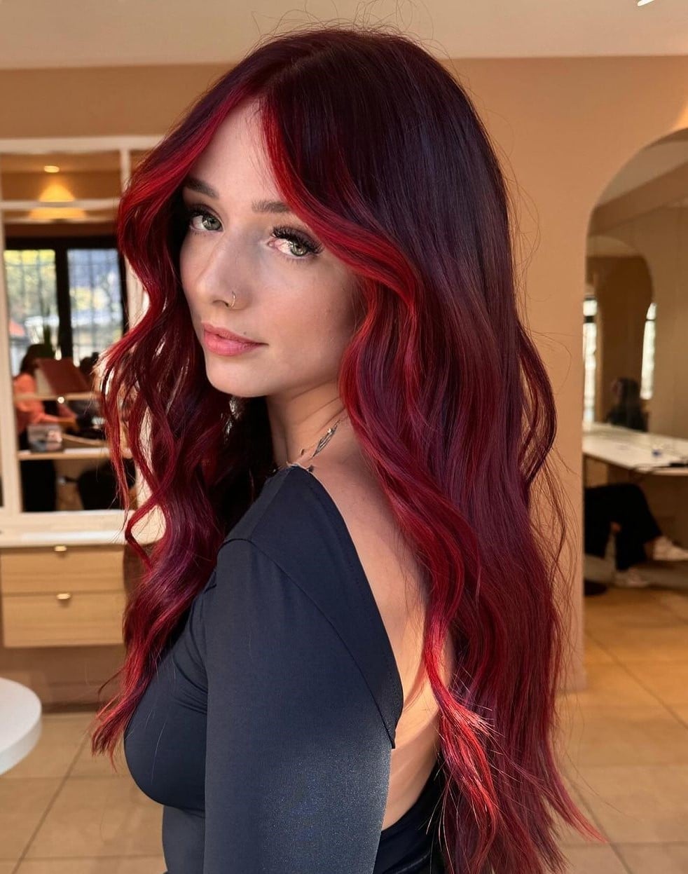 Deep Red With Bright Highlights And Money Piece — Classy Wine Red Hair