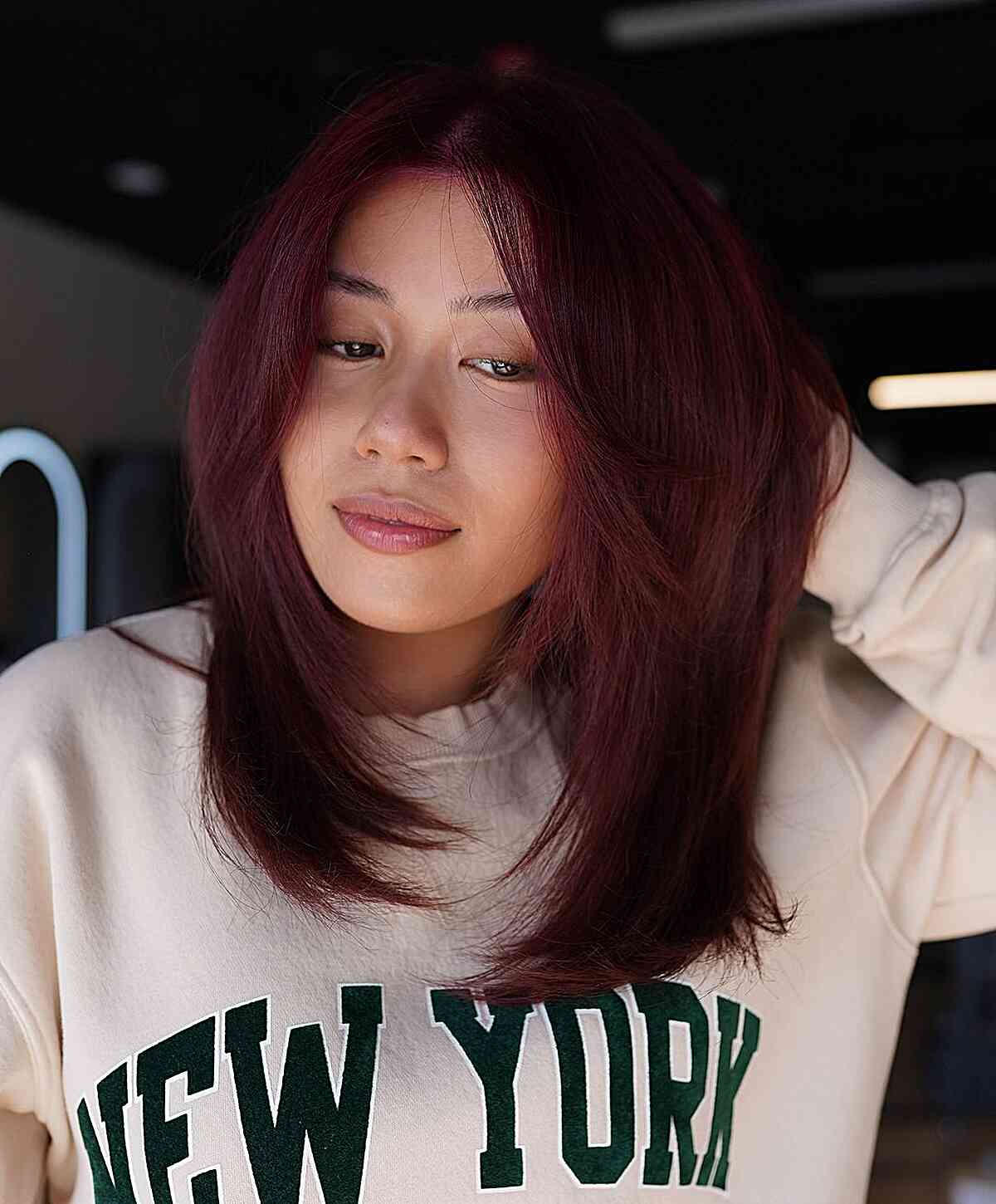 Sophisticated Dark Wine Red Collarbone Cut — Classy Wine Red Hair