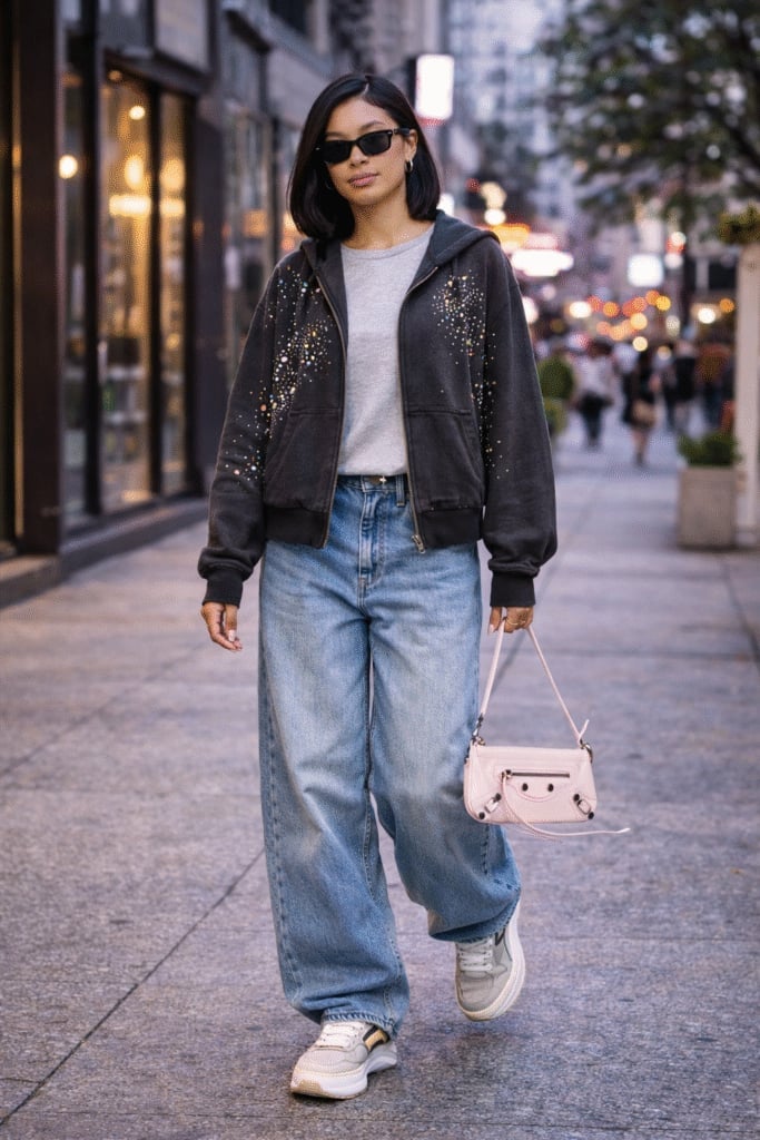 Baggy Jeans with Embellished Hoodie — Classy Y2K Outfits 2000s