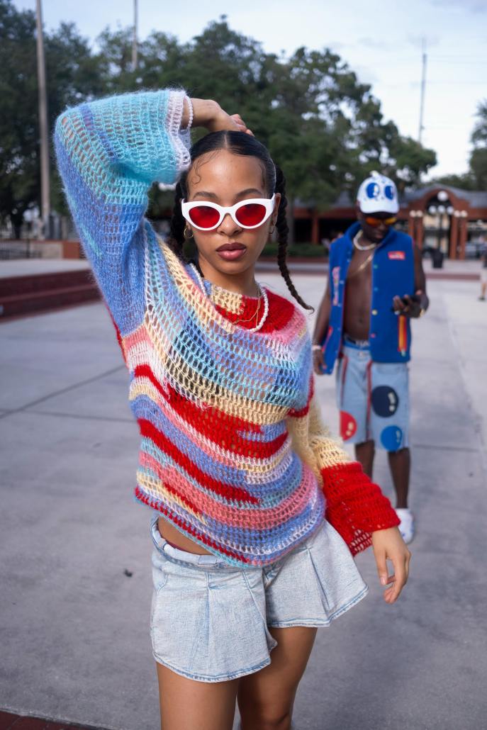 Crochet Sweater with Denim Mini Skirt — Classy Y2K Outfits 2000s