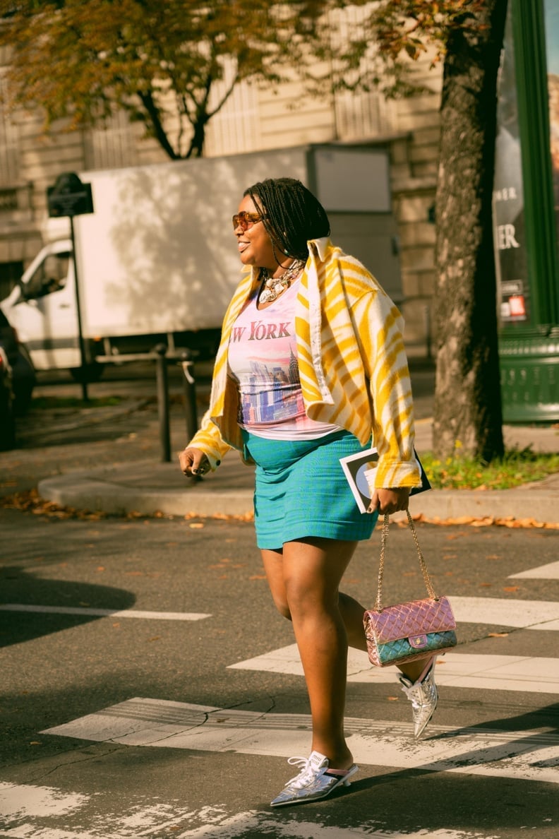 Yellow and White Striped Jacket Over Plaid Mini Skirt and Graphic Yellow and White Striped Jacket Over Plaid Mini Skirt and Graphic — Classy Y2K Outfits