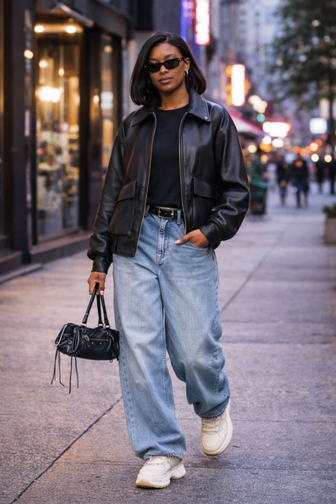 Black Leather Bomber Jacket Over T-Shirt with Wide-Leg Jeans Black Leather Bomber Jacket Over T-Shirt with Wide-Leg Jeans — Classy Y2K Outfits