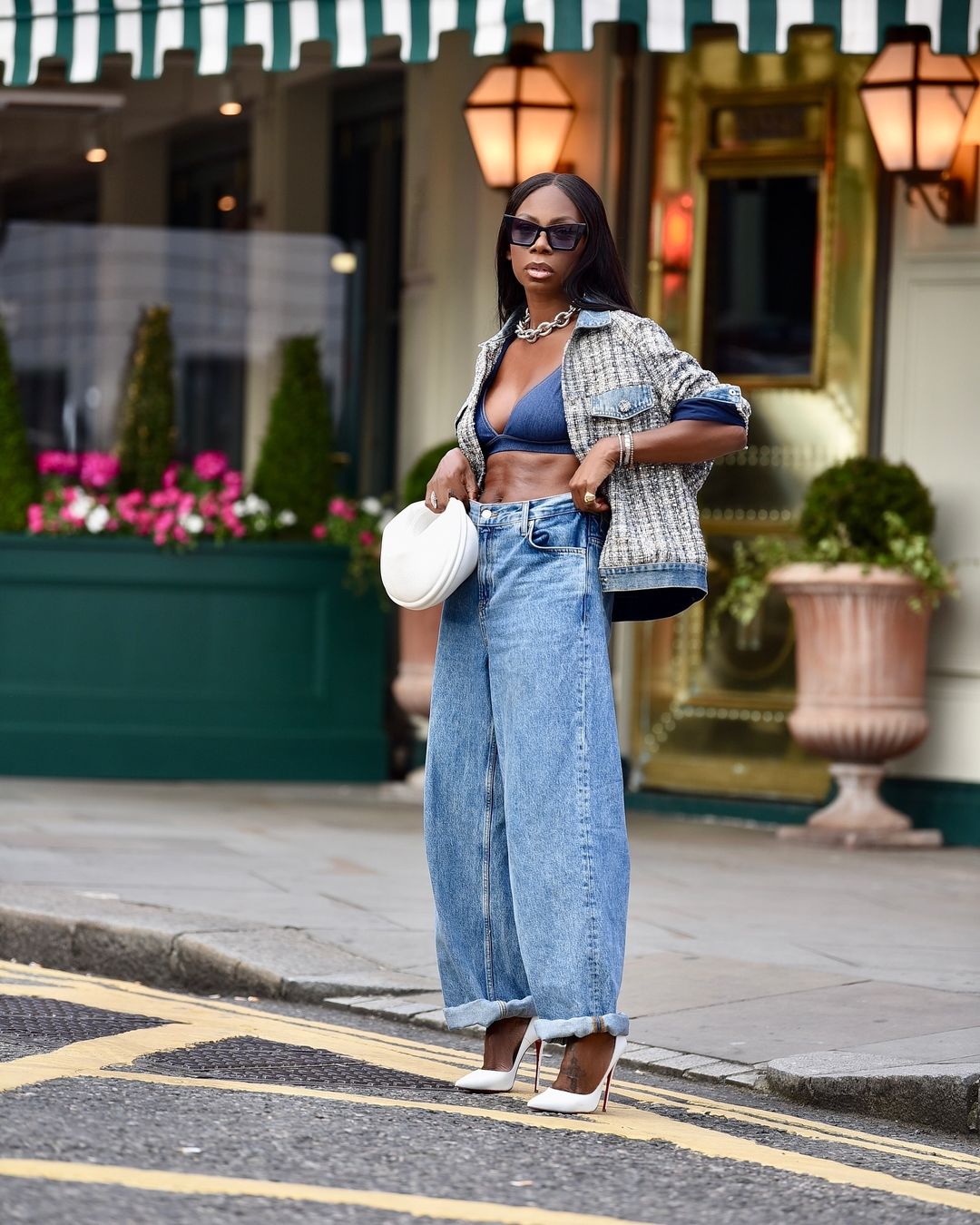 Tweed Jacket Over Denim Bra Top with Wide-Leg Jeans Tweed Jacket Over Denim Bra Top with Wide-Leg Jeans — Classy Y2K Outfits