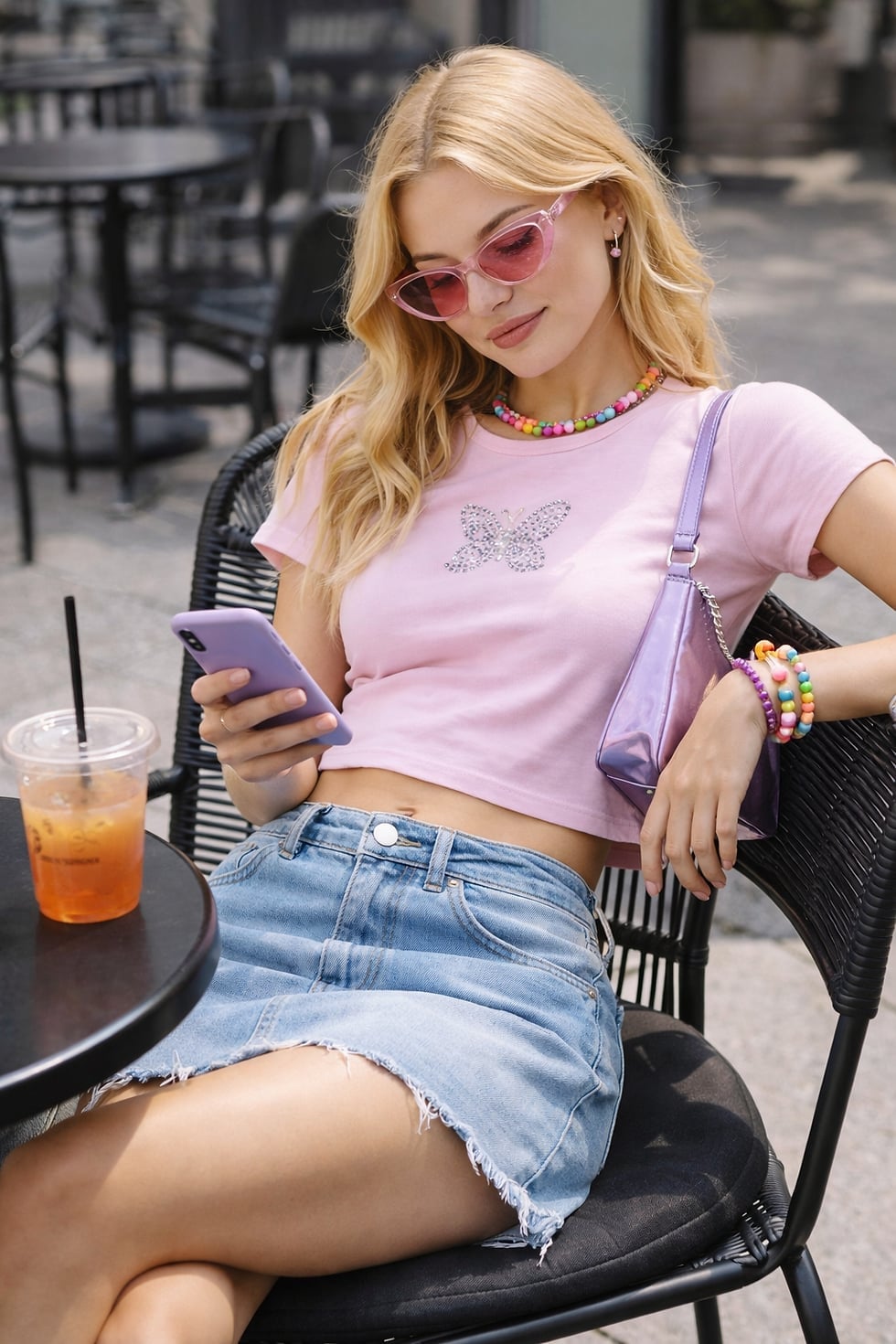 Pink Butterfly Graphic Crop T-Shirt with Light Blue Denim Mini Skirt Pink Butterfly Graphic Crop T-Shirt with Light Blue Denim Mini Skirt — Classy Y2K Outfits