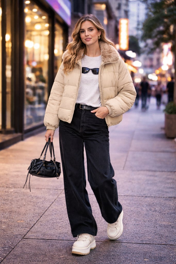 Beige Fur-Trimmed Puffer Jacket Over Graphic T-Shirt with Black Beige Fur-Trimmed Puffer Jacket Over Graphic T-Shirt with Black — Classy Y2K Outfits