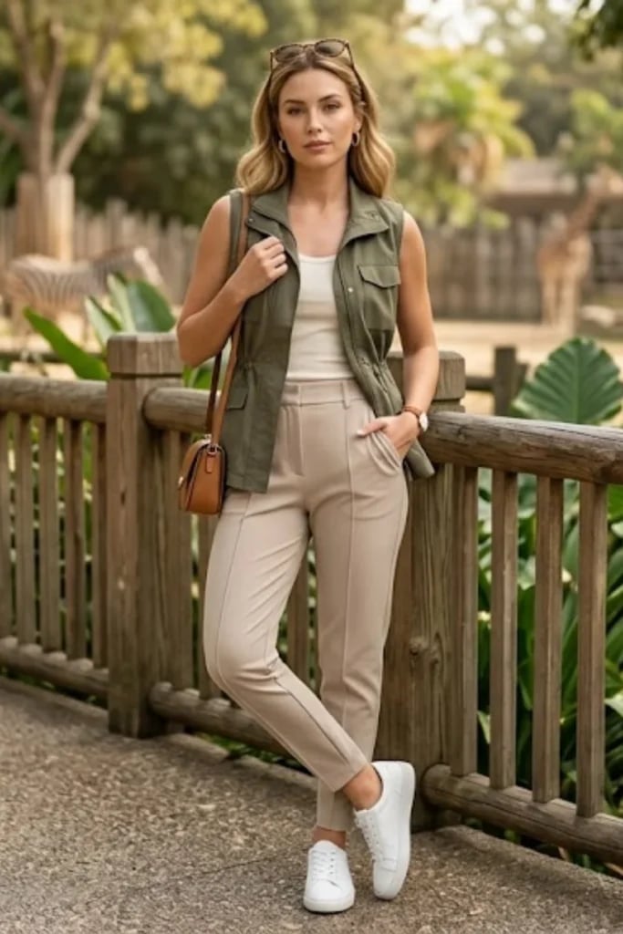 Olive Green Utility Vest with Cream Tank and Beige Trousers Olive Green Utility Vest with Cream Tank and Beige Trousers — Classy Zoo Outfits