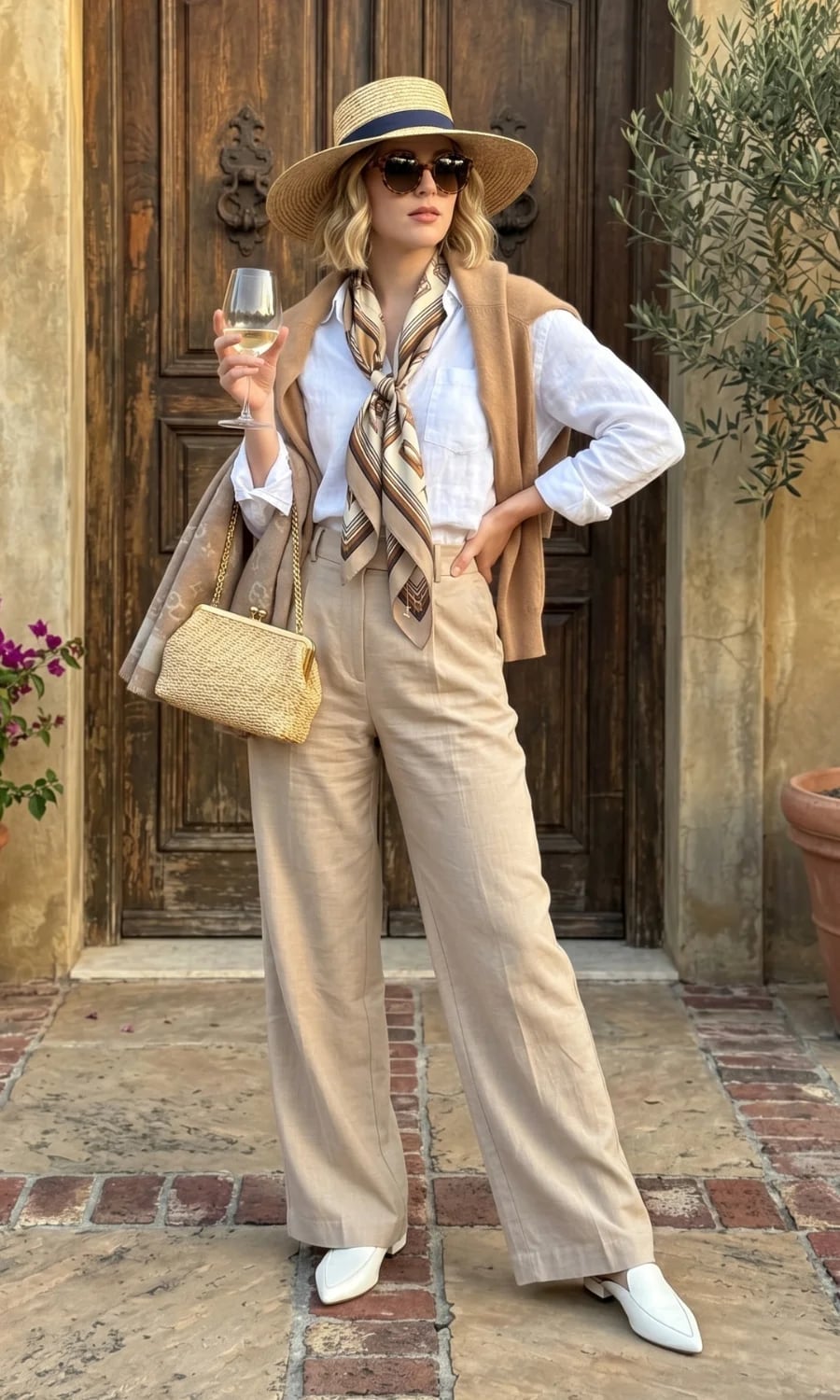 Wide-leg Linen Trousers with White Shirt and Camel Cardigan Wide-leg Linen Trousers with White Shirt and Camel Cardigan — Classy Zoo Outfits