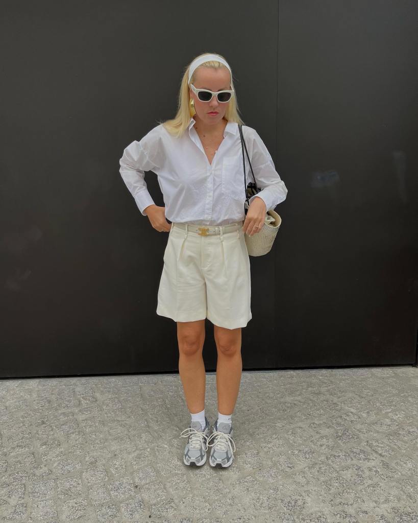 Oversized White Shirt with Beige Shorts and Grey Sneakers Oversized White Shirt with Beige Shorts and Grey Sneakers — Classy Zoo Outfits